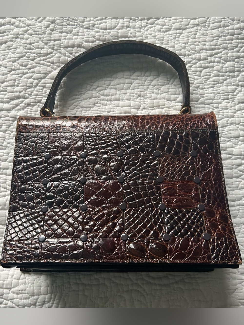 Vintage Sharif Structured Croc-Texture Mini Top-Handle Bag in Dark Brown
